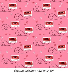 Trendy illustrated Valentines day pattern. Happy hearts and audio tape in style of 90's. Pink love vintage pattern design. Love and Valentines day concept. Modern art for web and print.