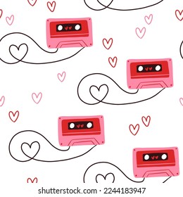 Trendy illustrated Valentines day pattern. Happy hearts and audio tape in style of 90's. Pink love vintage pattern design. Love and Valentines day concept. Modern art for web and print.