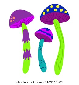 Trendy  illustration of acid abstract mushrooms in the style of Techno, Rave music with  mushrooms bright psychedelics. 