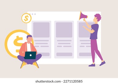 Ilustración de moda con un fondo beige, que muestra a hombres, uno sentado con un ordenador portátil, el segundo parado con un altavoz. Un escaparate de tiendas con tarjetas de productos se abre detrás de ellas. Estilo de guijarros.