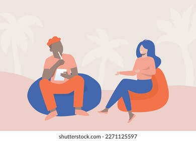Ilustración de moda con un fondo beige, que representa a un hombre y una niña sentados en bolsas. Las palmeras se representan en el fondo. Estilo de guijarros.