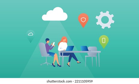 A trendy illustration with a blue background depicting girls working at an office desk. Pins with icons and a cloud hover above them. Dribble style.
