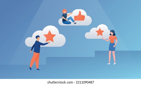 A trendy illustration with a blue background that depicts people and clouds, which display rating icons: stars and a thumbs up. Dribble style.