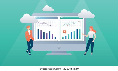 Trendy illustration with a blue background, which depicts a guy and a girl looking at the charts on a computer screen. Clouds hover above them. Dribbble style.