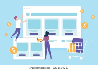 Trendy illustration with a blue background, which depicts a girl with a loudspeaker and a guy. Behind them hang the windows of an online store with product cards, dollar icons hover and there is a bas