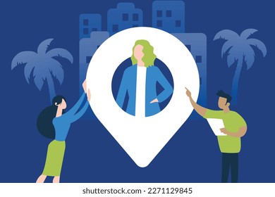 Trendy illustration with a blue background, which depicts a girl in a pin icon and people near her. Palm trees and the silhouette of the city are depicted on the background. Dribbble style.