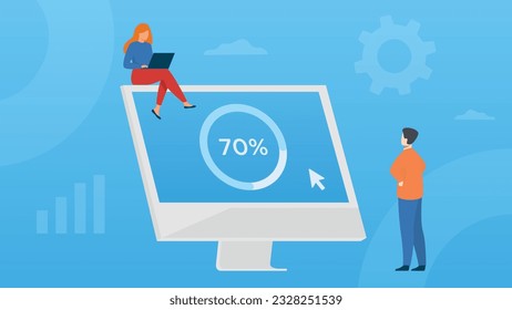 Trendy illustration with a blue background, which shows a monitor showing the download. A guy is watching this. And the girl climbed up and is not going to get down. Dribbble style.