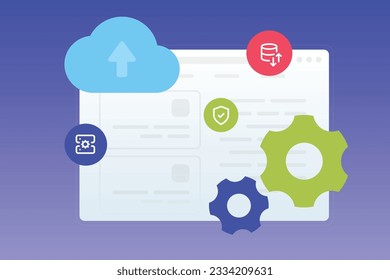 Trendy illustration with a blue background, which shows an open browser window and icons floating around: cloud, settings, gears, protection. Dribbble style.