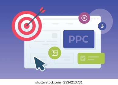Trendy illustration with a blue background, which shows an open browser window, a target and floating interface elements. Dribbble style.