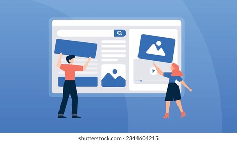Trendy illustration with blue background. Which depicts a guy and a girl who are engaged in web design. Dribble style.