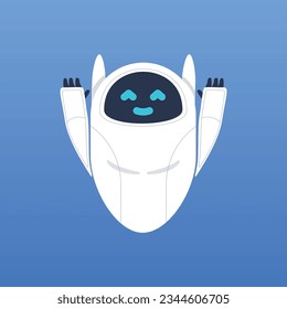 Trendy illustration with a blue background, which depicts a joyful white robot. Dribble style.