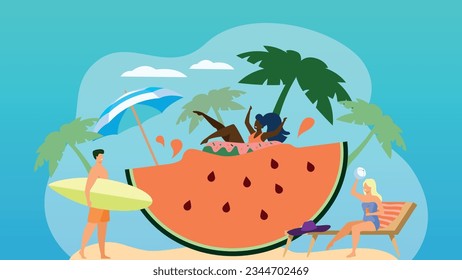 Trendy illustration with a blue background, which depicts a lively beach where girls and boys swim and sunbathe. In the middle of the composition is a giant watermelon, everything is surrounded by pal