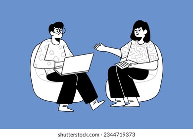 Trendy illustration with a blue background, which depicts a guy with a laptop and a girl sitting in beanbags. Dribble style.