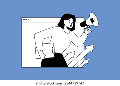 Trendy illustration with a blue background, which depicts a girl with a loudspeaker in her hands. The charts show growth, everything is fine. Dribble style.