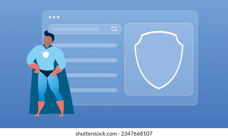 Ilustración de moda con fondo azul, que representa a un superhéroe ocupado protegiendo un sitio web. Estilo de guijarros.
