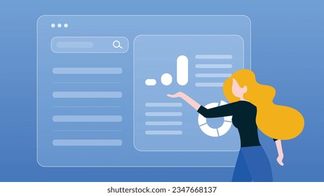 Ilustración de moda con fondo azul, que representa a una muchacha estudiando un tablero en un sitio web. Estilo de guijarros.