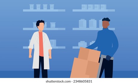 Trendy illustration with a blue background, which depicts a pharmacist accepting goods from a supplier. Dribble style.