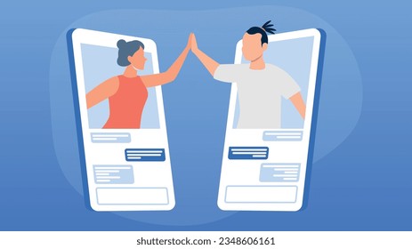 Trendy illustration with a blue background, which depicts a mother and son who communicate using smartphones. Dribble style.