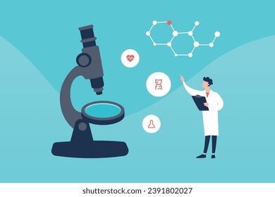 Trendy illustration with a blue background, which depicts a scientist engaged in research. There is a microscope next to it, DNA icons, a heart and a flask hover overhead. Dribble Style.