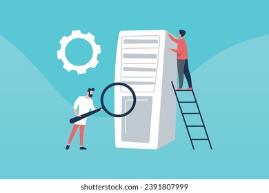 Trendy illustration with a blue background, which depicts two guys who are engaged in computer repair. One has a magnifying glass in his hands, and the other is standing on the stairs. Dribble Style.