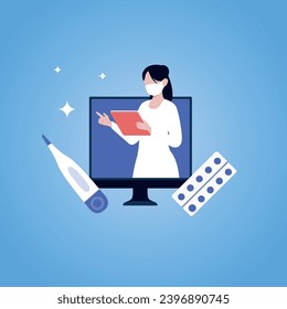 Trendy Illustration with a blue background, which depicts a tele-medicine scene in which a doctor consults a patient remotely. Dribble style.