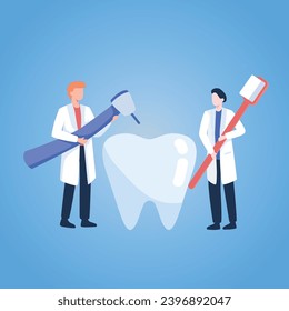 Ilustración de moda con fondo azul, que representa a dos dentistas que tratan un diente con un taladro y un cepillo de dientes. Estilo de guijarros.