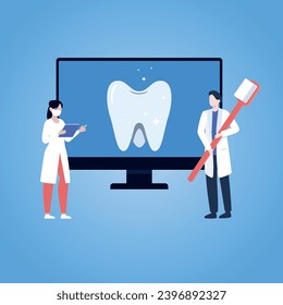 Trendy Illustration with a blue background, which shows two dentists who are studying information about the tooth that needs to be treated. Dribble style.