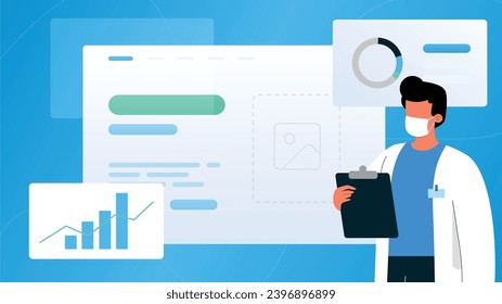 Trendy Illustration mit blauem Hintergrund, die einen Arzt zeigt, der die Armaturenanzeiger der Klinik anschaut. Dribble Style.