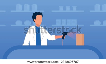 Trendy illustration with a blue background, which depicts a pharmacist scanning a product. Dribble style.