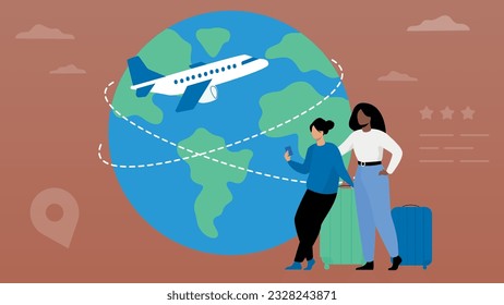 Trendy illustration with a brown background, which depicts an airplane flying around the globe. Two female travelers with suitcases are standing nearby. Dribble style.