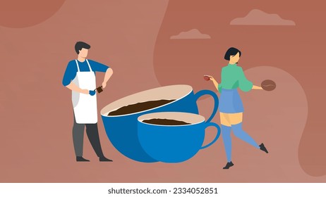 Trendy illustration with a brown background, which depicts cups of hot coffee, a barista and a lovely girl. Dribbble style.