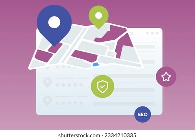 Trendy illustration with a burgundy background, which depicts a website page with reviews. And a map with two pins and icons hovers above the page. Dribbble style.