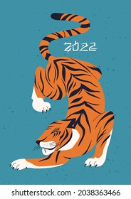 Trendy illustration with colourful tiger in asian style. Modern animal greeting card print. Abstract hunting tiger. Chineese 2022 year sign. Year of the Tiger 2022 Japanese new year card. 