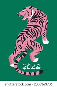 Trendy illustration with colourful tiger in asian style. Modern animal greeting card print. Abstract hunting tiger. Chineese 2022 year sign. Year of the Tiger 2022 Japanese new year card. 