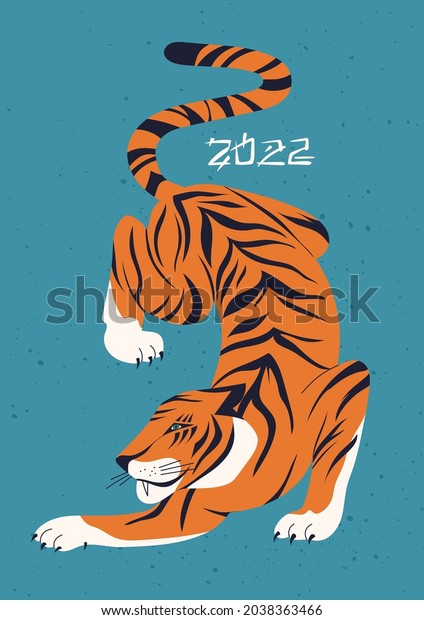 Trendy illustration with colourful tiger in asian style.\
Modern animal greeting card print. Abstract hunting tiger. Chineese\
2022 year sign. Year of the Tiger 2022 Japanese new year card.\
