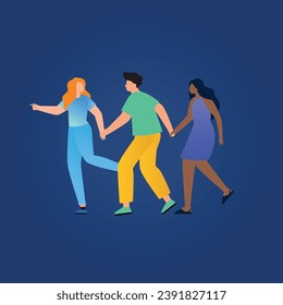 Trendy illustration with a dark blue background, which depicts three friends running hand in hand. Dribble Style.
