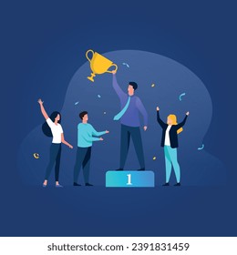 Trendy illustration with a dark blue background, which depicts the members of the collective celebrating the victory in the competition of one of them. Dribble Style.