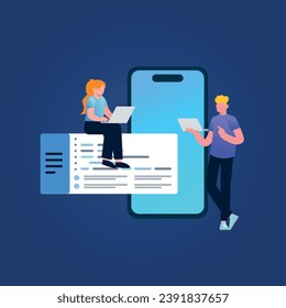 Ilustración de moda con un fondo azul oscuro, que representa a un hombre y una niña trabajando en laptops. Están desarrollando el diseño del diseño móvil de la aplicación. Estilo de guiño.