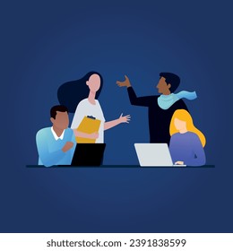 Trendy illustration with a dark blue background, which depicts a team engaged in brainstorming. Dribble Style.
