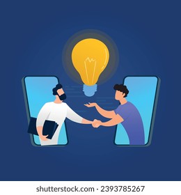 Ilustración de moda con un fondo azul oscuro, que muestra la comunicación de dos personas a través de los smartphones. En el proceso de comunicación surgen ideas. Estilo de guiño.