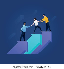 Trendy illustration with a dark blue background, which depicts three people who help each other grow and reach new heights. Dribble Style.