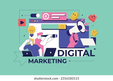 Trendy Illustration of Digital marketing concept. Social network and media communication. SEO, SEM and promotion. Vector Illustration