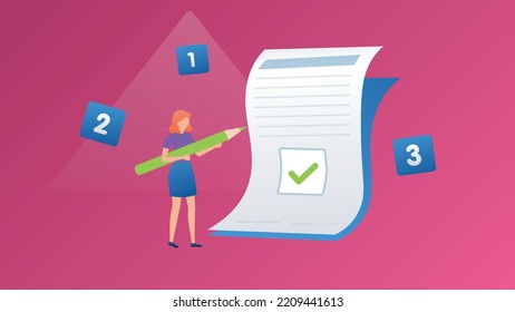 Trendy illustration with document terms of use on red background. Girl with a pencil is standing. List and numbering of items, green tick. Dribble style.