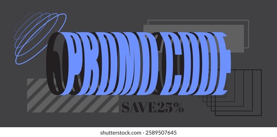 Trendy illustration featuring Promo Code promotional design with a dynamic typography effect and abstract geometric elements. Design ideal for digital marketing, discounts, and e commerce promotions