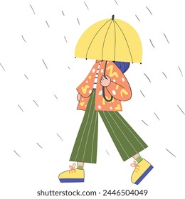 Trendy illustration of a girl in bright clothes walking under an umbrella. Rain, autumn