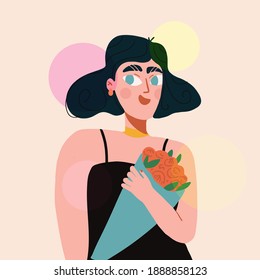 Trendy illustration of a girl  with a flowers bouquet. Festive girl with flowers, Holidays illustration. Valentines day.