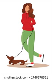 
Trendy illustration of a girl in a red sweatshirt walking with a dog. Flat illustration of a sports style clothing and dachshund. Vertical vector postcard isolated on a white background.