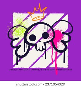 Trendy illustration with a graffiti skull, crown and wings in grunge style, for streetwear and urban style t-shirts design, hoodies, prints, posters, gifts.Vector illustration