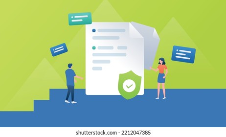 A trendy illustration with a green background depicting a man and a woman in front of a document with a sign of protection on a shield. UI elements hover above them. Dribble style.