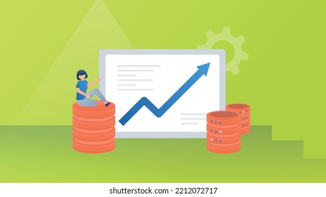 A trendy illustration with a green background that depicts a girl sitting on a server. Behind it are the database servers and a screen showing a graph with growing indicators. Dribble style.